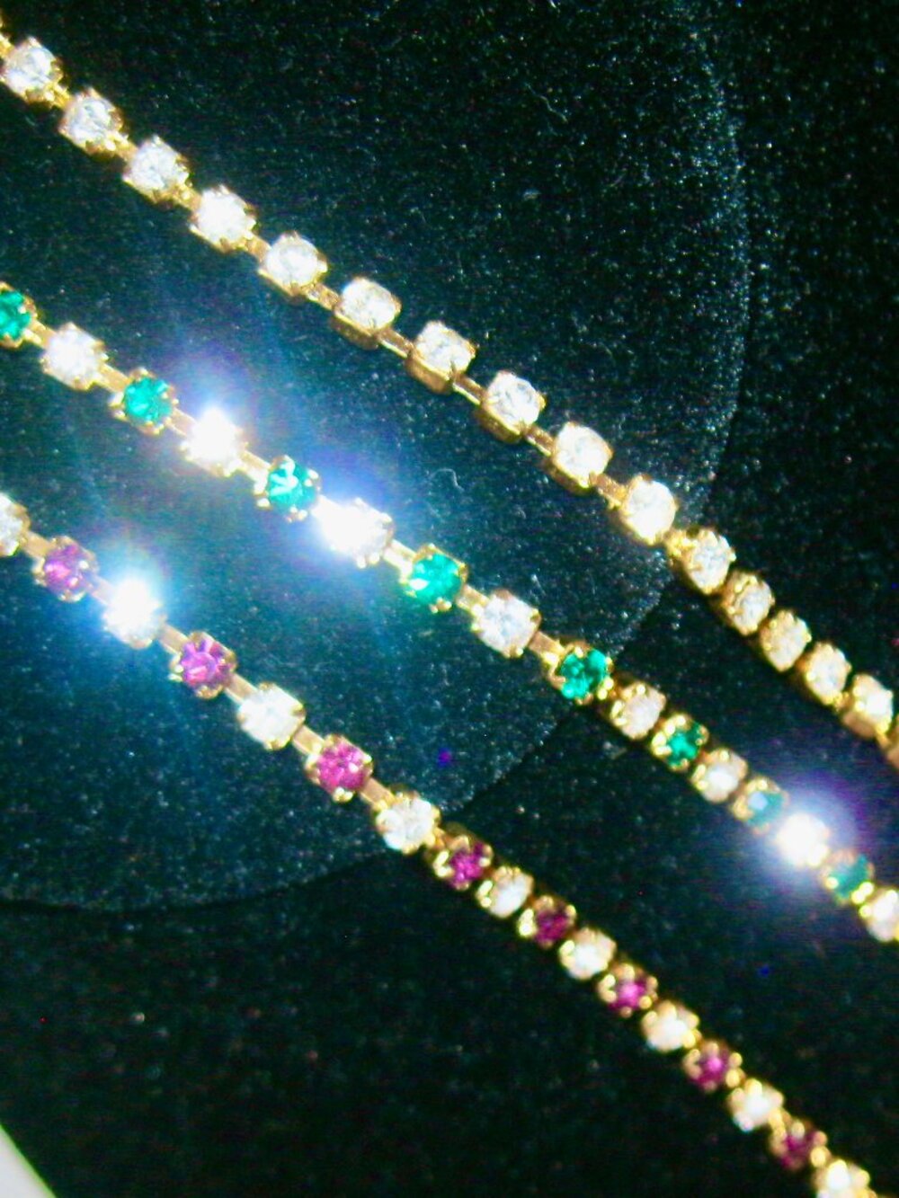 3 RHINESTONE 7" BRACELETS WITH GOLD TONE FINISH GREEN, PURPLE OR CLEAR